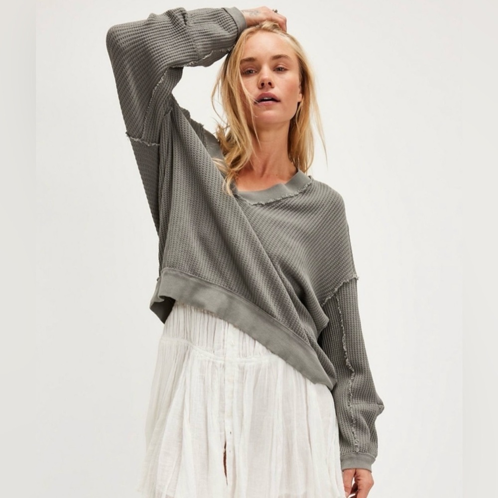 NWT Free People S We the Free Ricky Thermal in Fallen Rock Gray Top New $68 - Picture 3 of 6